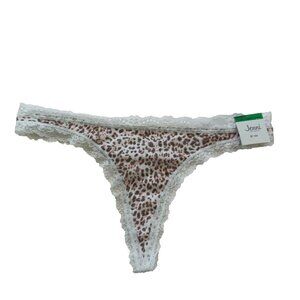NWT JENNI Thong Panty LARGE Leopard Print Cotton Spandex Knit W/ Lace Detail